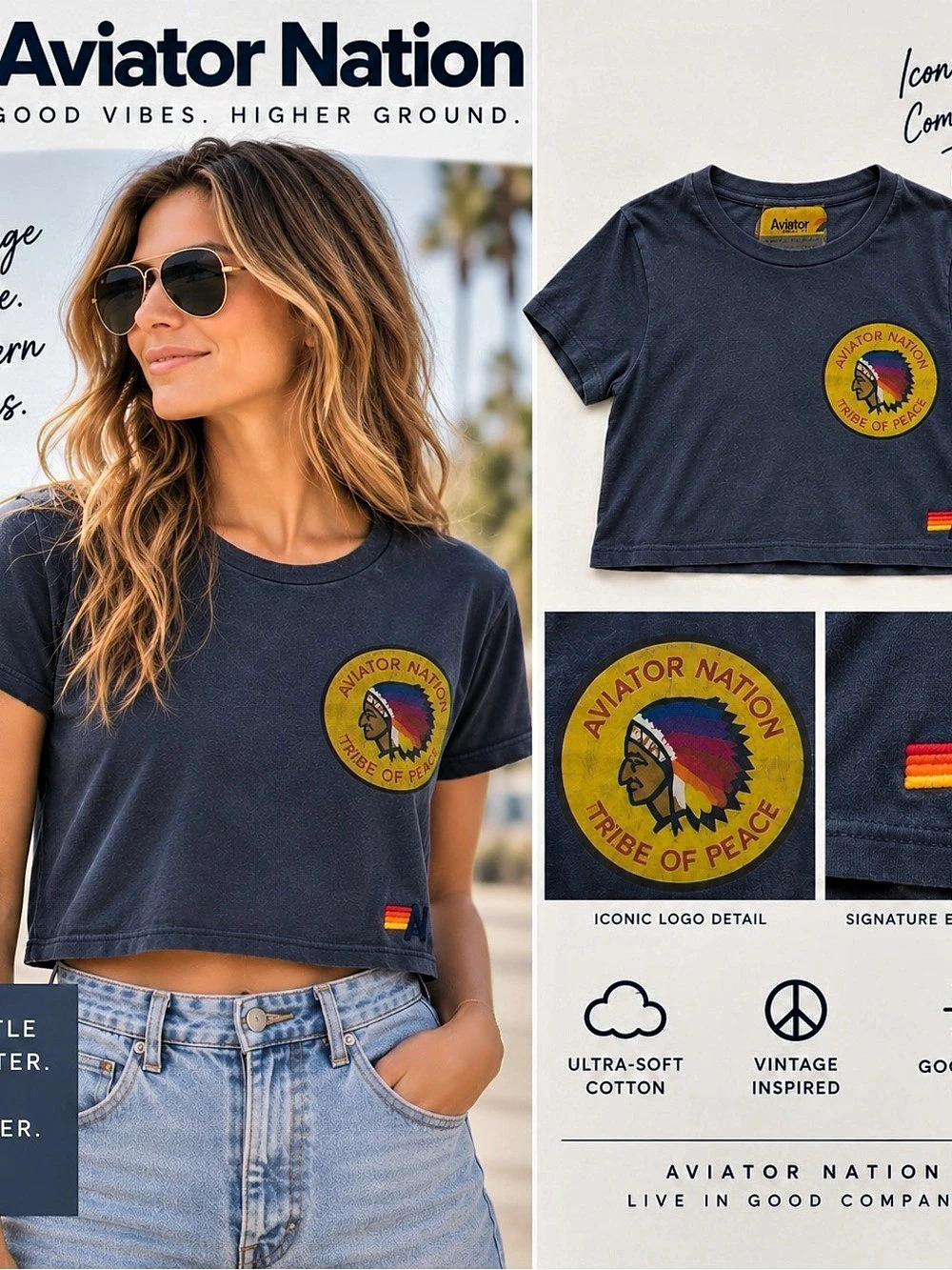 Aviator Nation Cropped Graphic Tee in Blue